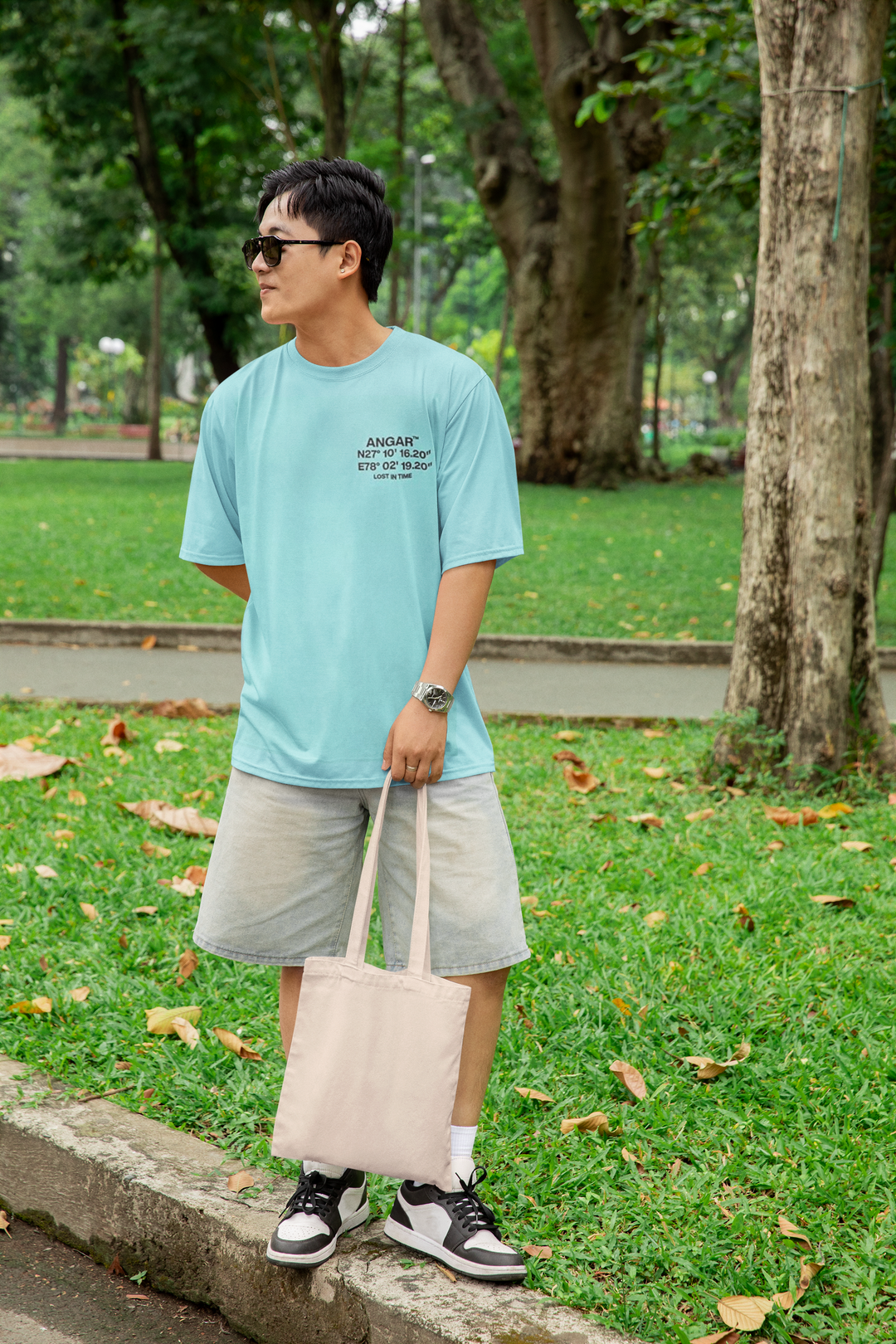 ANGAR Cotton Drop Shoulder ANGAR ZONE Half Sleeves Oversized Fit Printed T-Shirt for Men