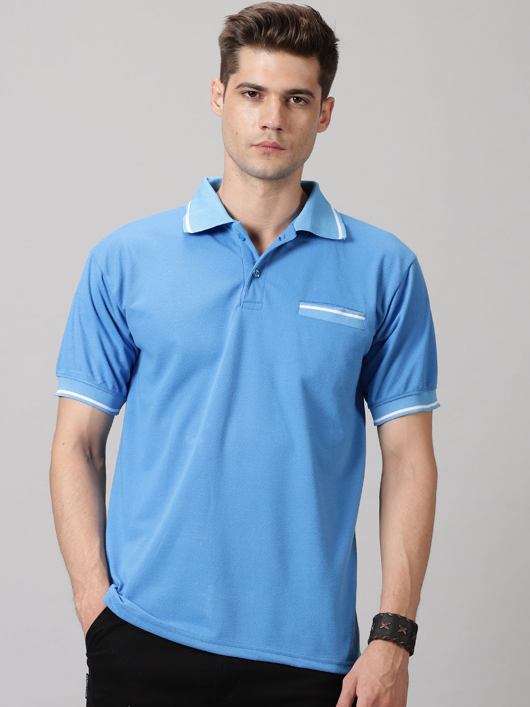 Men's Striped Sky Blue pocket polo