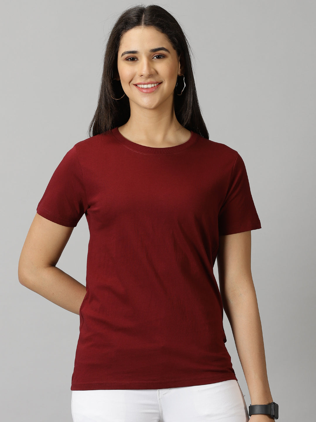 women's maroon  solid crewneck