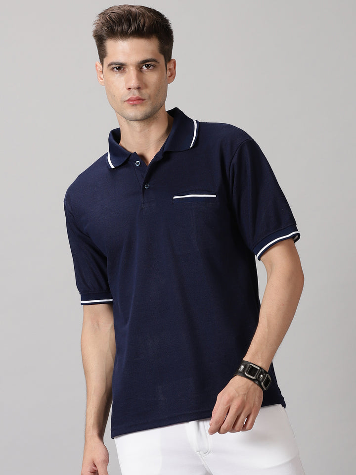 Men's Striped Polo T-Shirt with Pocket (Navy Blue)