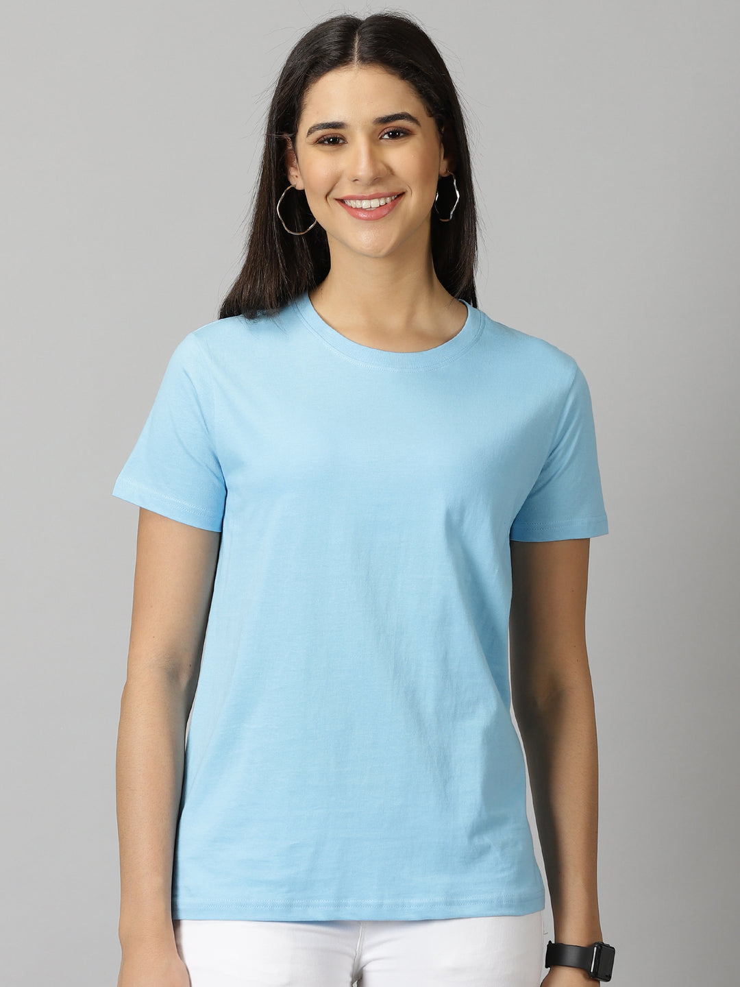 women's sky blue solid crewneck