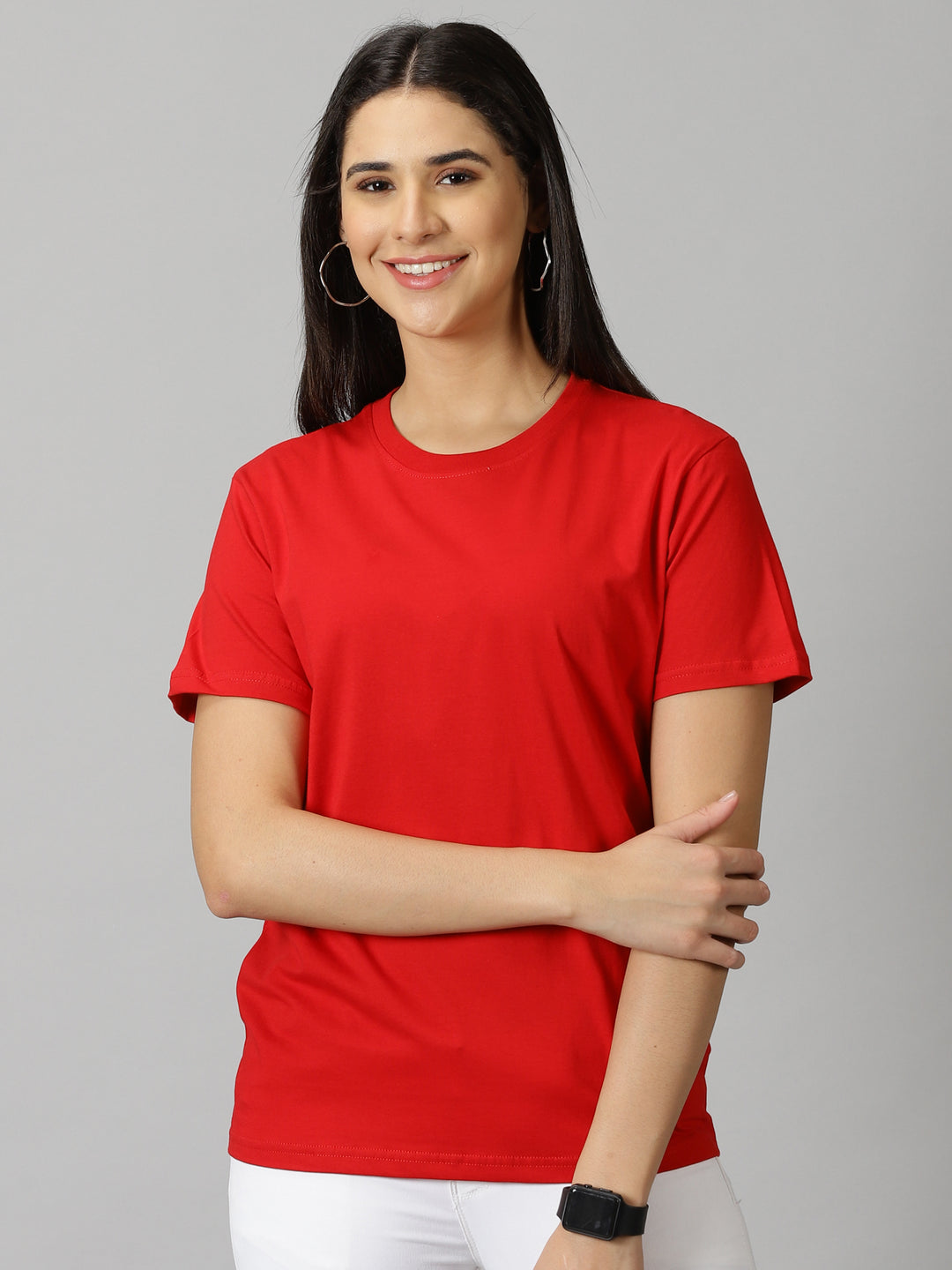 women's  bright red solid crewneck