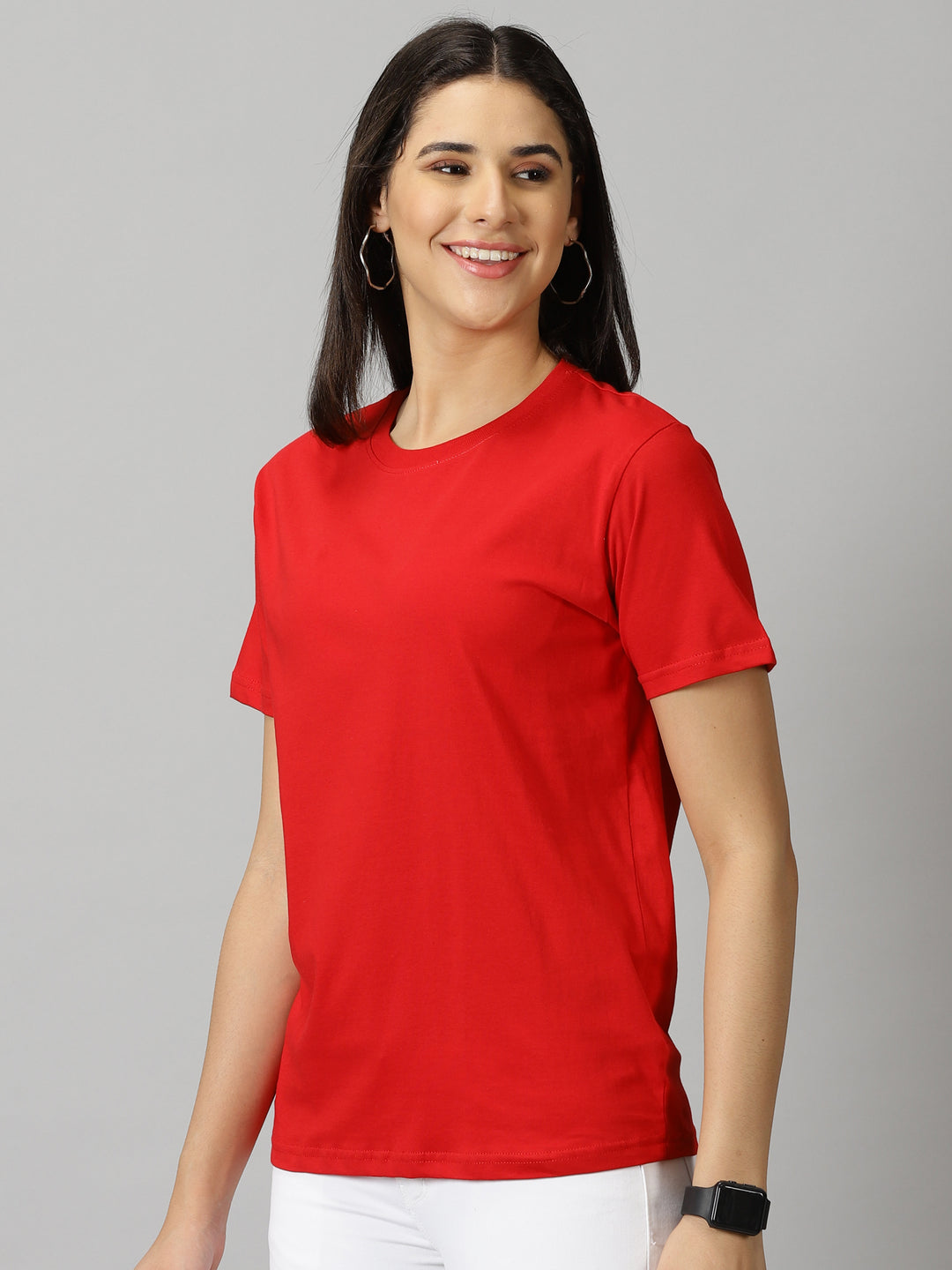 women's  bright red solid crewneck