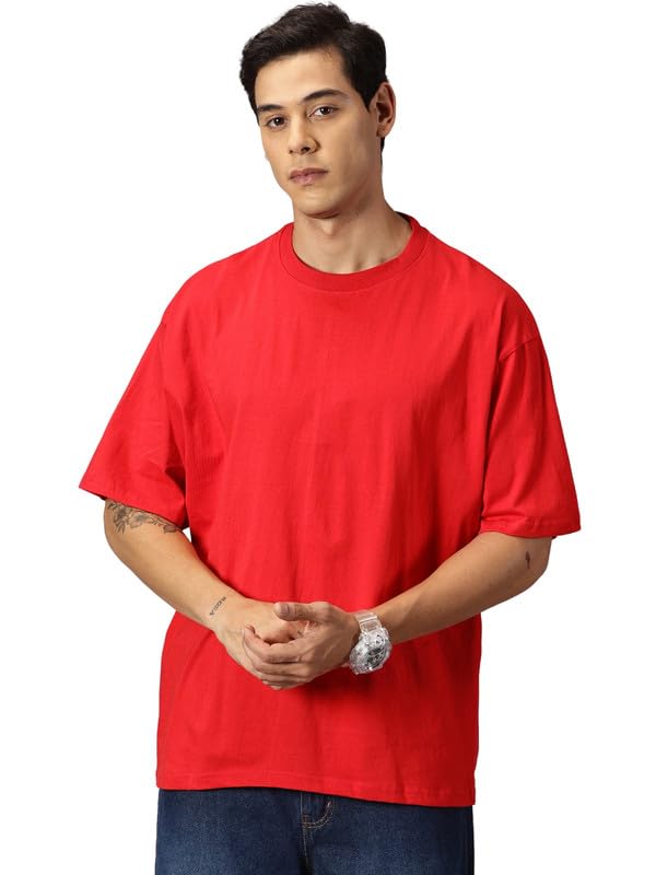 ANGAR Men's Cotton Drop Shoulder Half Sleeves Oversized Fit T-Shirt