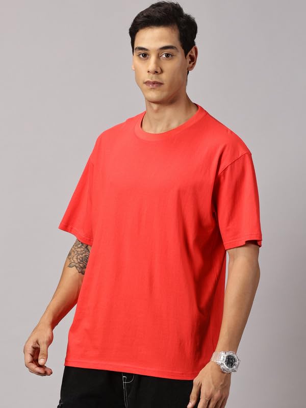 ANGAR Men's Cotton Drop Shoulder Half Sleeves Oversized Fit T-Shirt