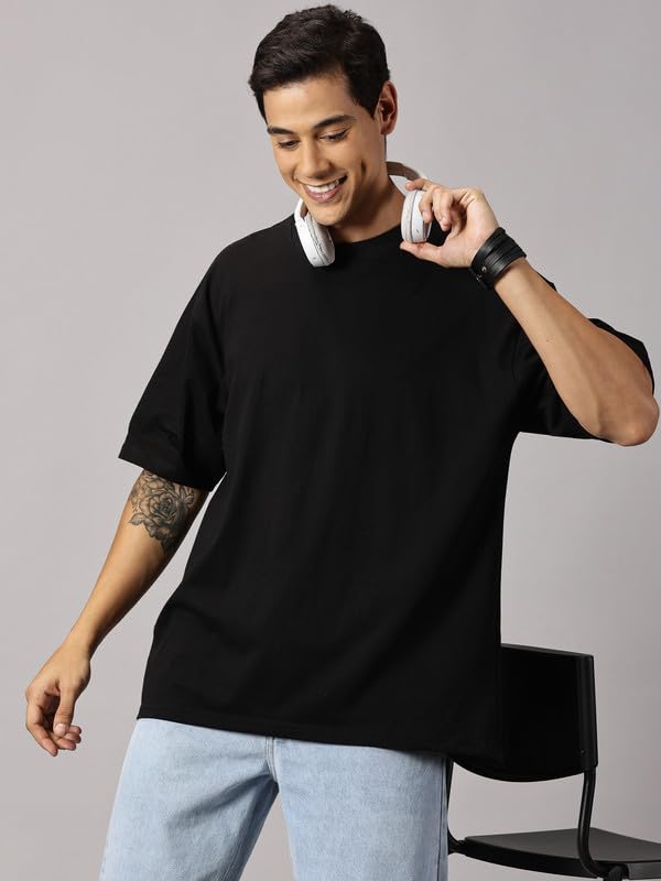 ANGAR Men's Cotton Drop Shoulder Half Sleeves Oversized Fit T-Shirt