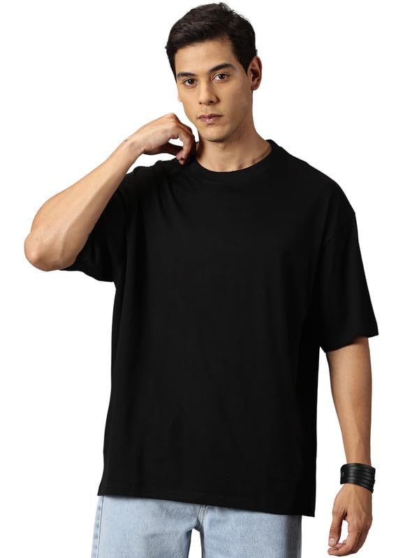 ANGAR Men's Cotton Drop Shoulder Half Sleeves Oversized Fit T-Shirt