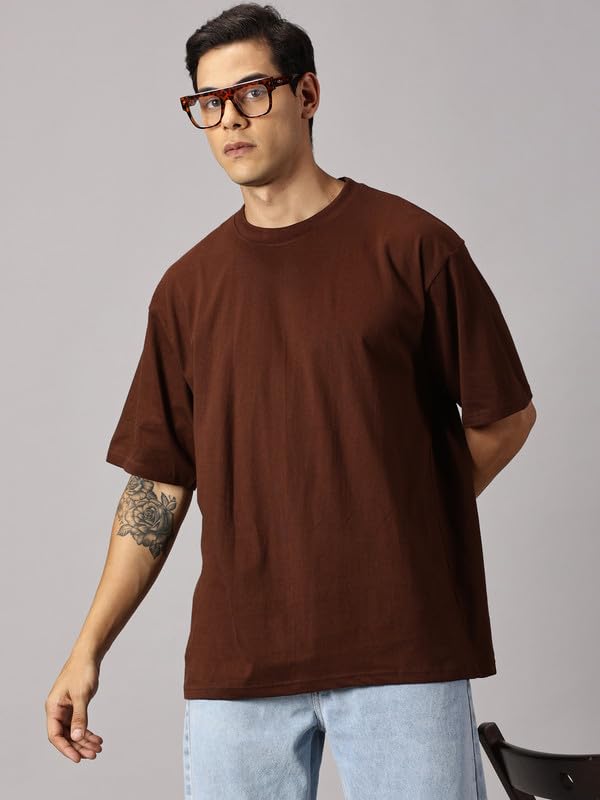 ANGAR Men's Cotton Drop Shoulder Half Sleeves Oversized Fit T-Shirt