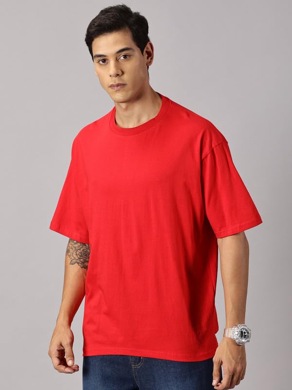 ANGAR Men's Cotton Drop Shoulder Half Sleeves Oversized Fit T-Shirt