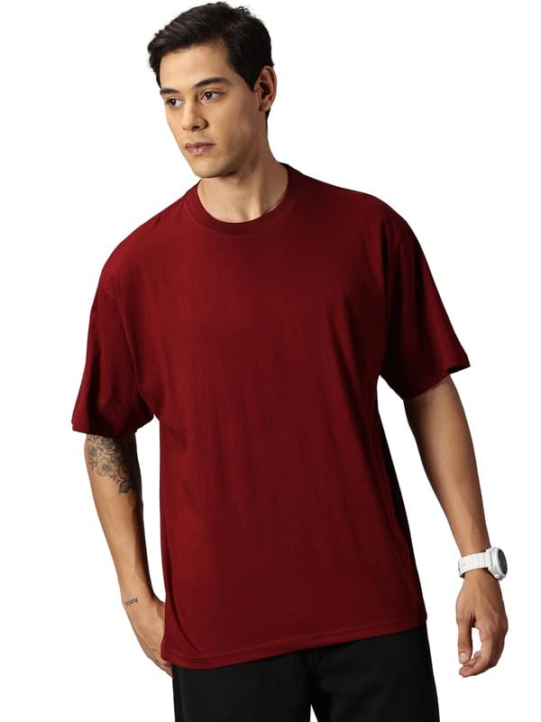 ANGAR Men's Cotton Drop Shoulder Half Sleeves Oversized Fit T-Shirt