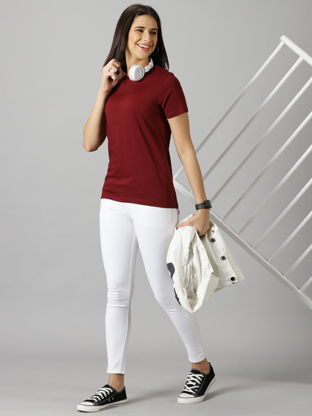 women's maroon  solid crewneck