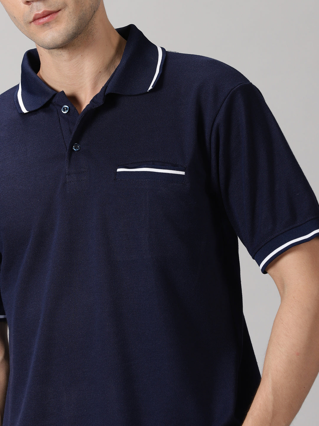 Men's Striped Polo T-Shirt with Pocket (Navy Blue)