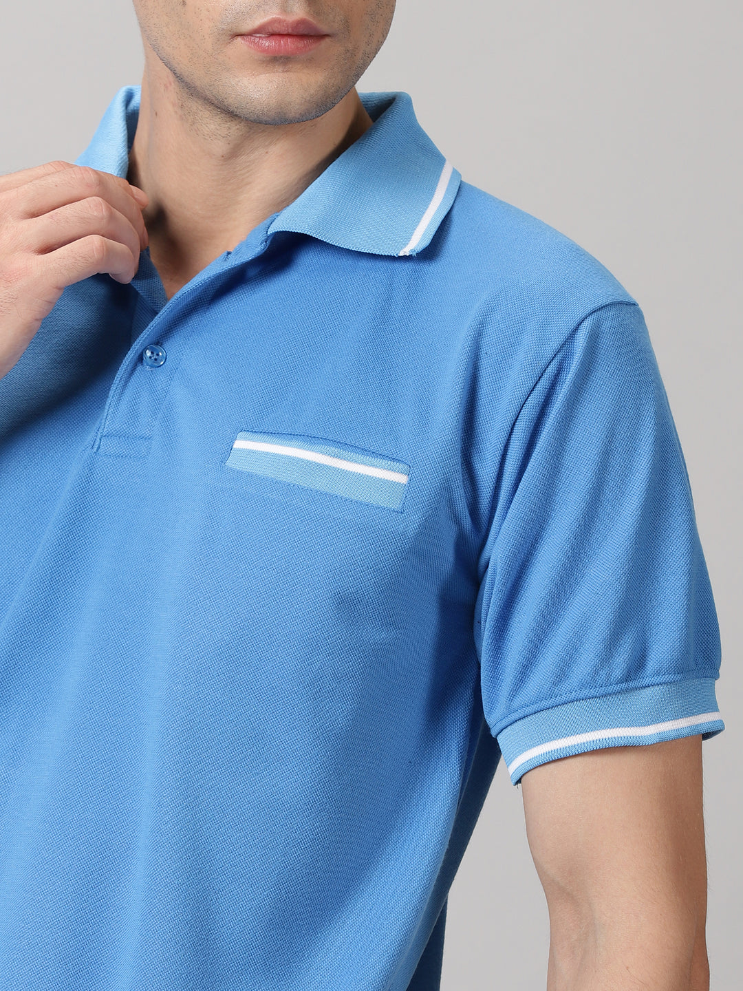 Men's Striped Sky Blue pocket polo