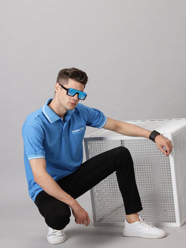 Men's Striped Sky Blue pocket polo