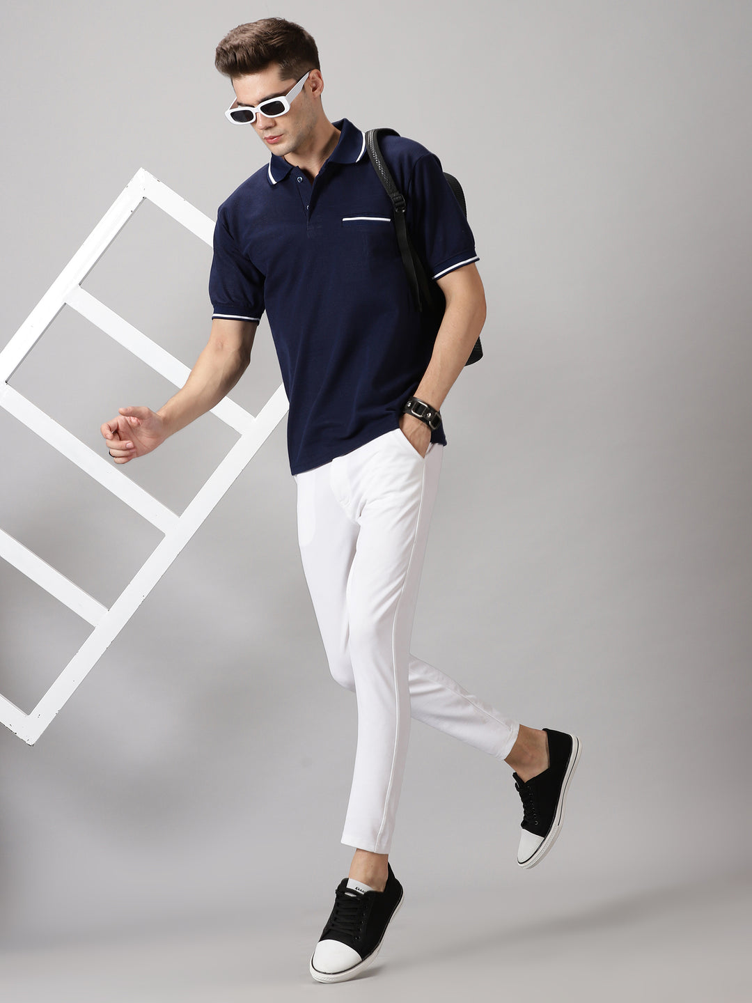 Men's Striped Polo T-Shirt with Pocket (Navy Blue)