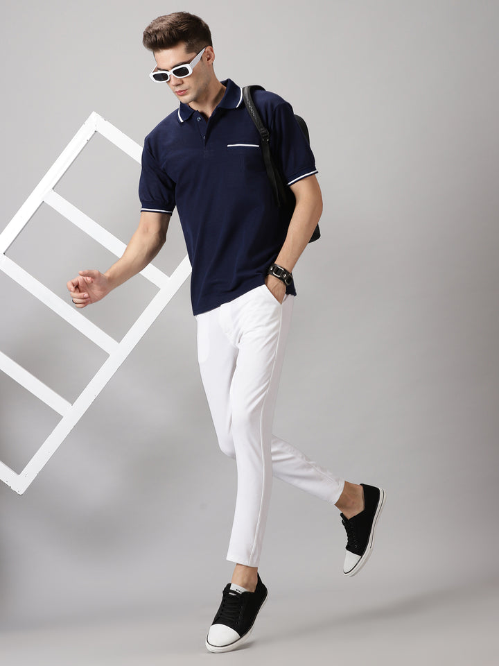 Men's Striped Polo T-Shirt with Pocket (Navy Blue)