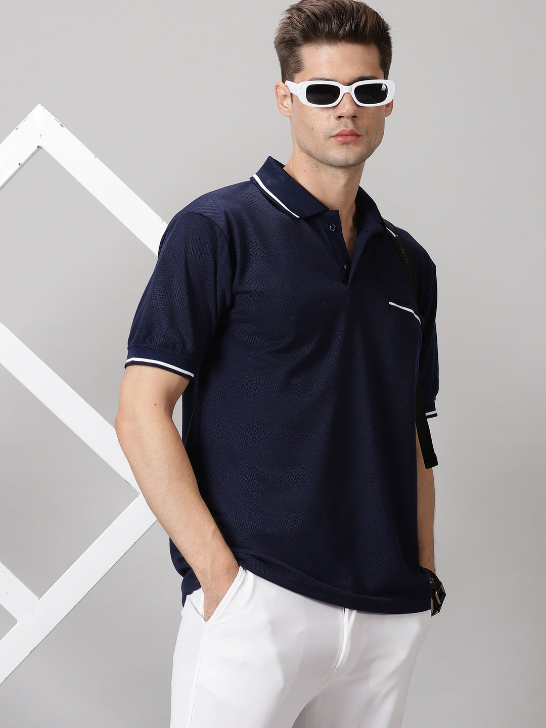 Men's Striped Polo T-Shirt with Pocket (Navy Blue)
