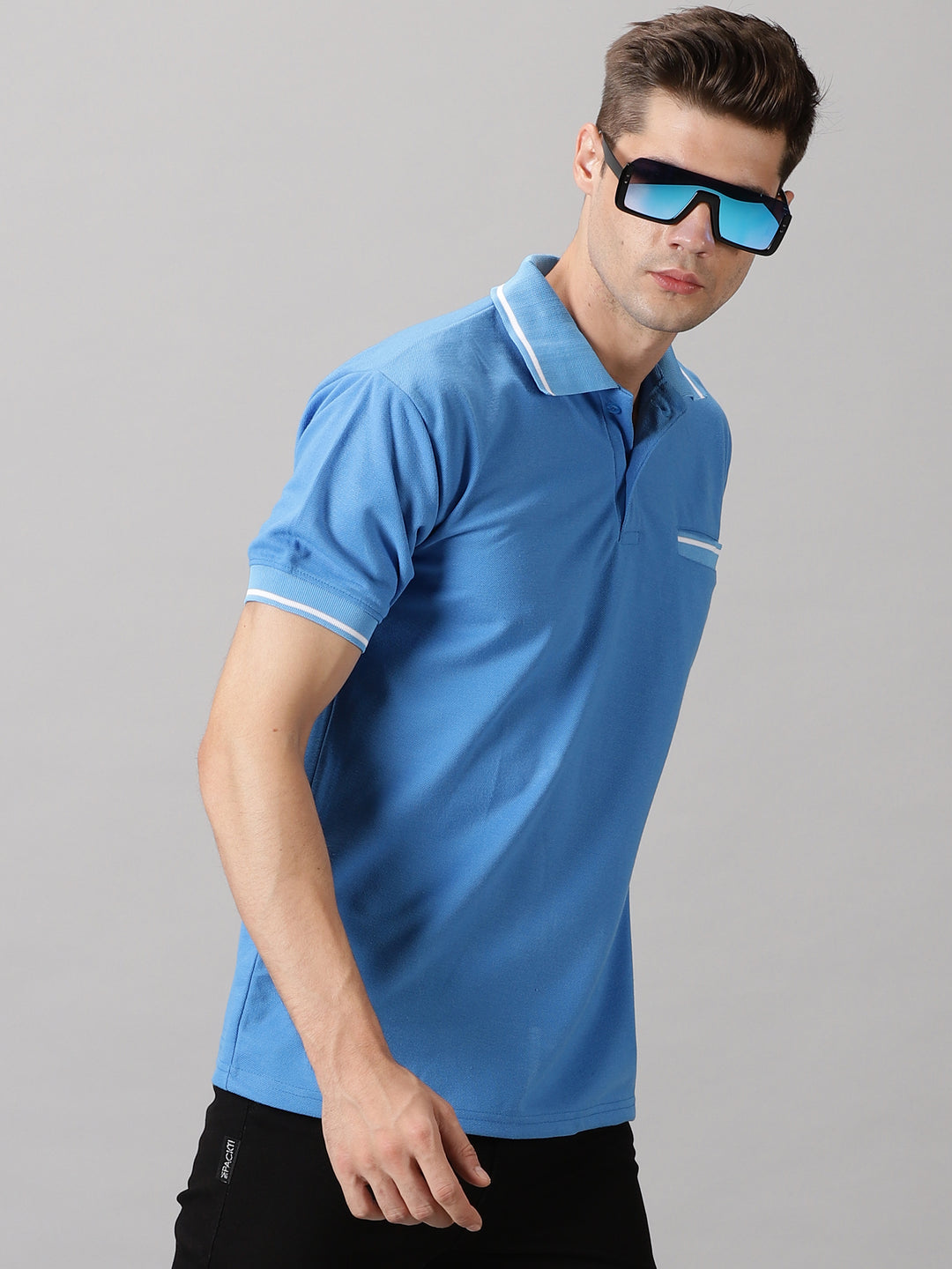 Men's Striped Sky Blue pocket polo