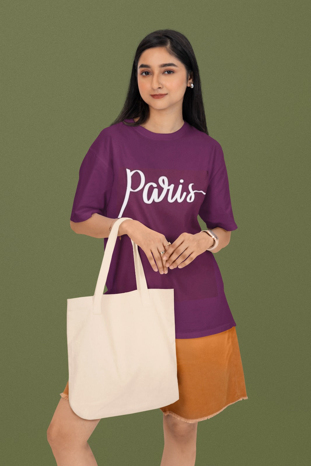 ANGAR Cotton Drop Shoulder PARIS Half Sleeves Oversized Fit Printed T-Shirt for Women