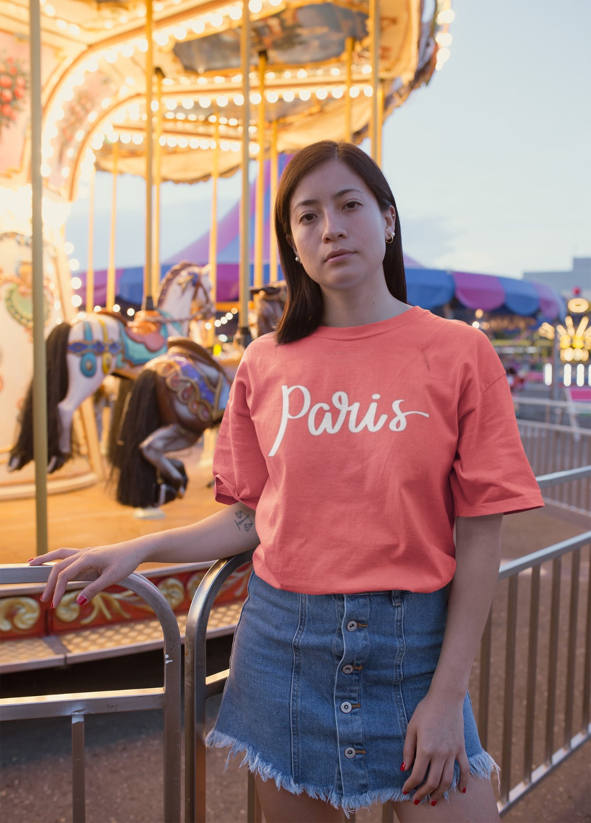 ANGAR Cotton Drop Shoulder PARIS Half Sleeves Oversized Fit Printed T-Shirt for Women