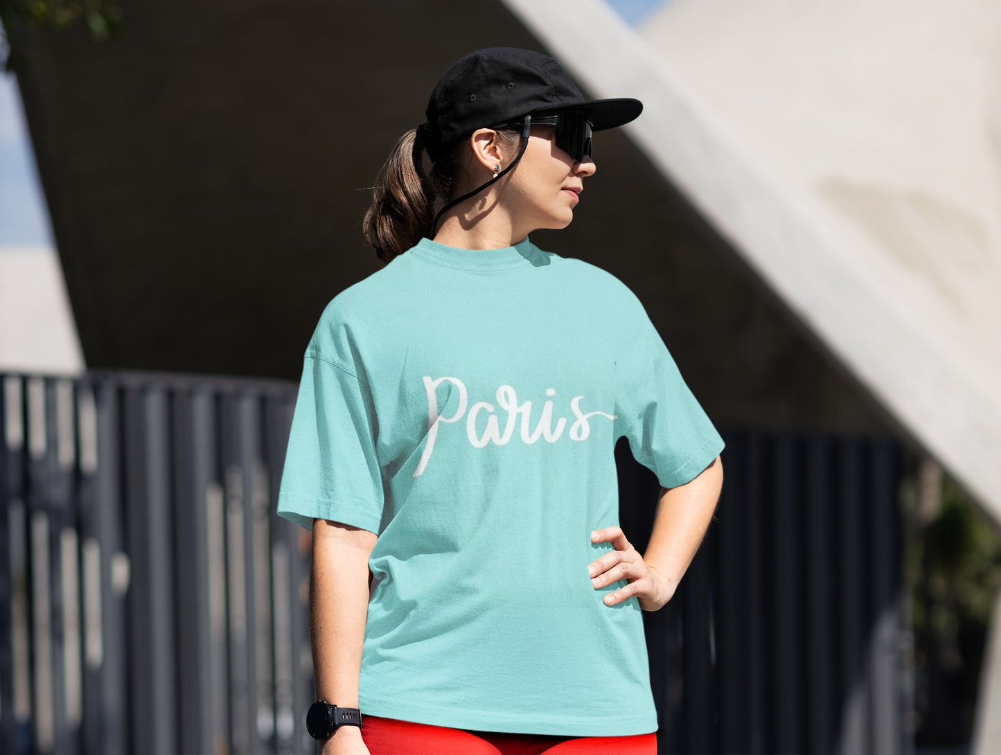 ANGAR Cotton Drop Shoulder PARIS Half Sleeves Oversized Fit Printed T-Shirt for Women