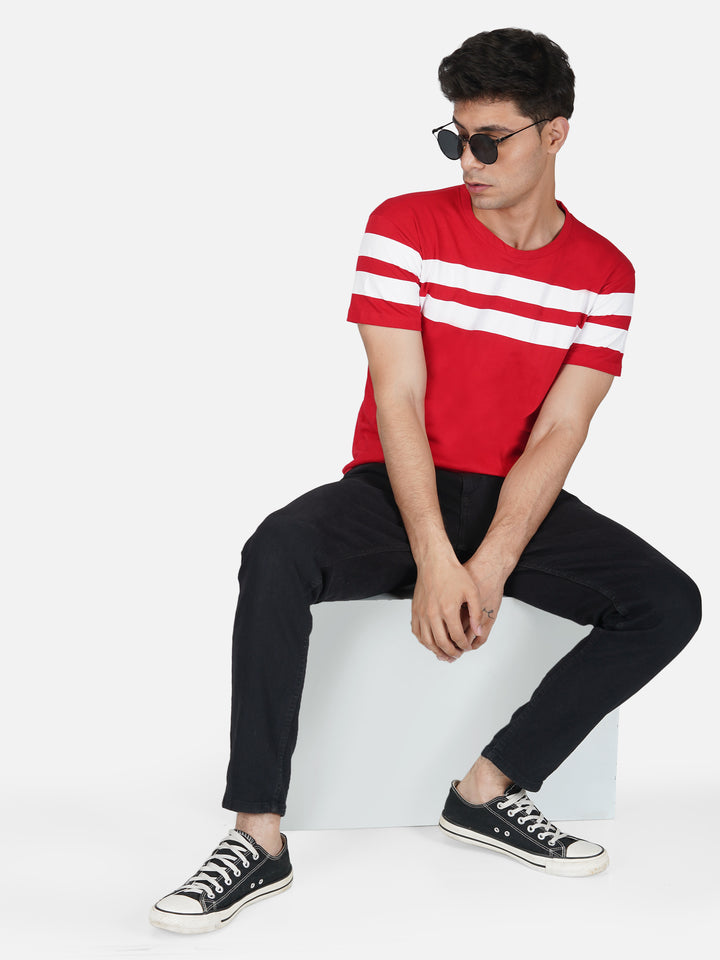 Bright Red Crewneck Stripe Tshirt