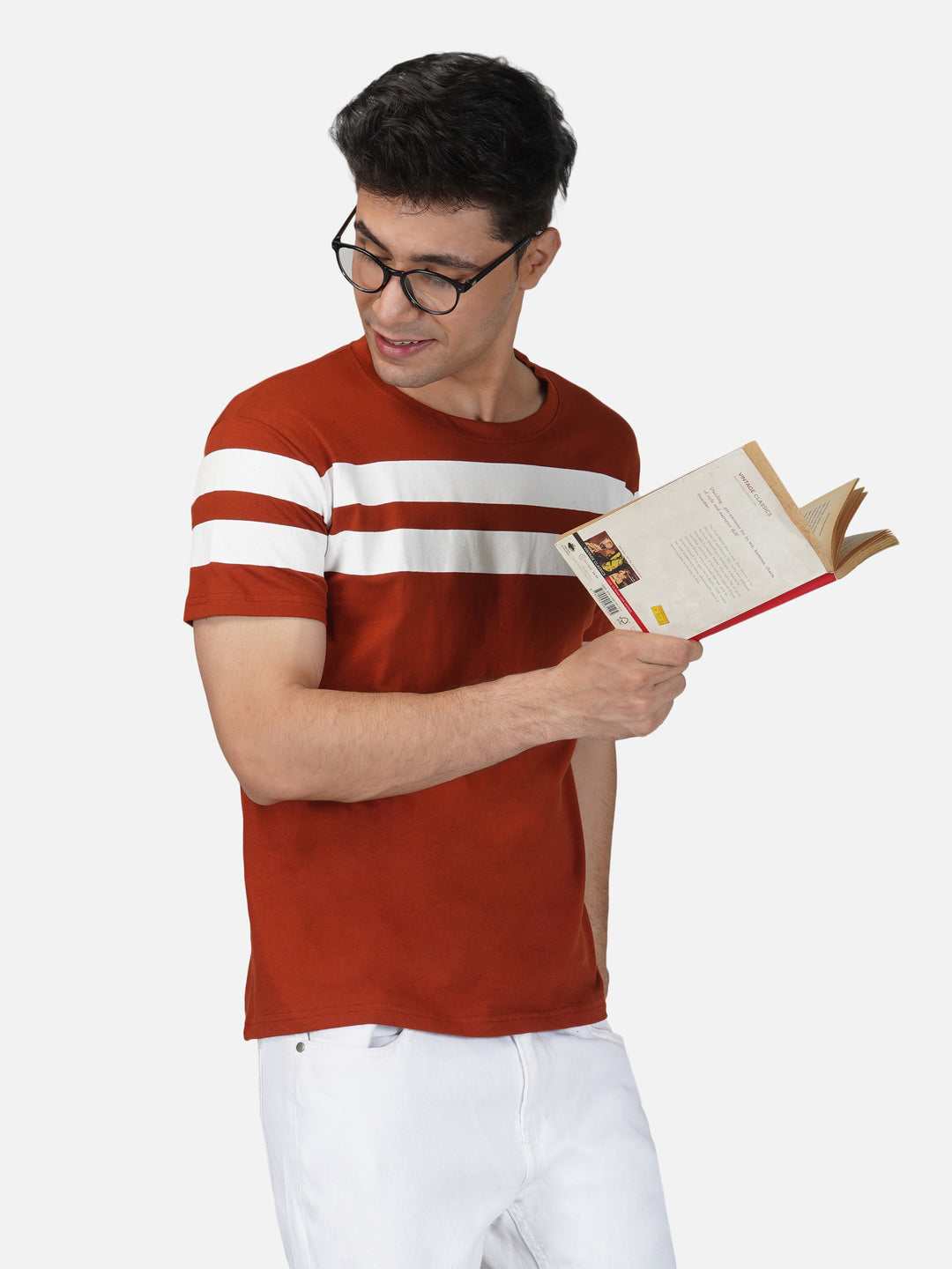 Coral Red Crewneck Stripe Tshirt