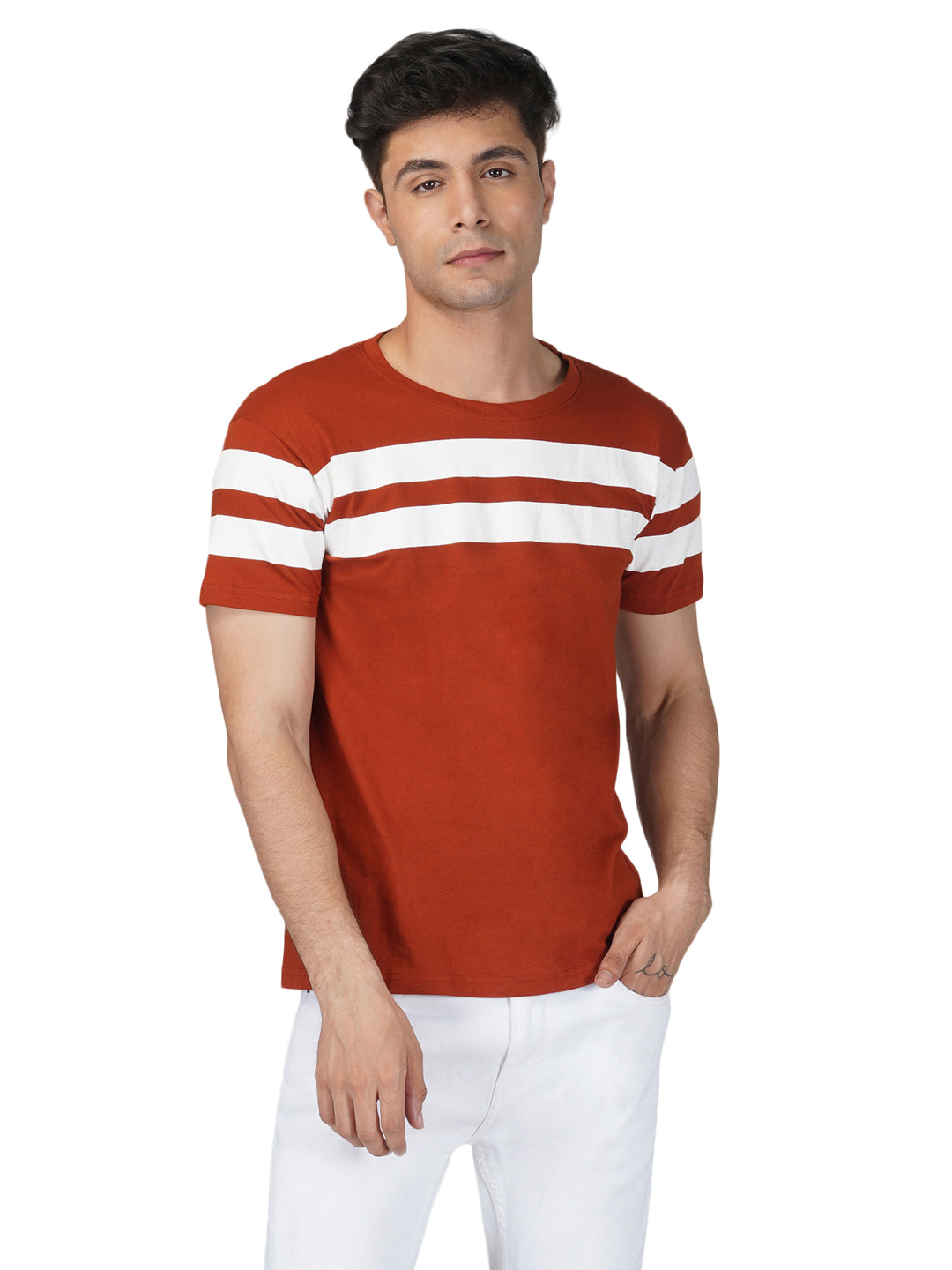 Coral Red Crewneck Stripe Tshirt