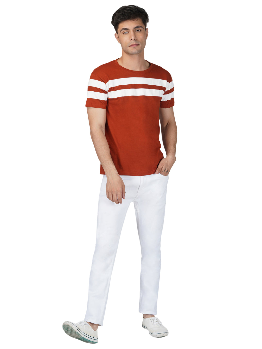 Coral Red Crewneck Stripe Tshirt