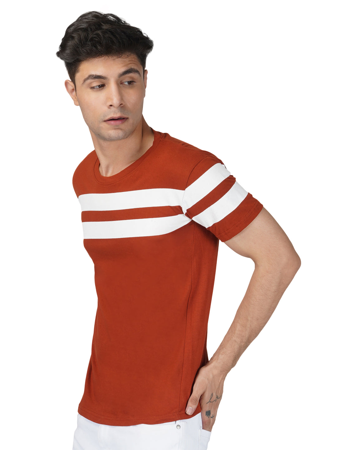 Coral Red Crewneck Stripe Tshirt